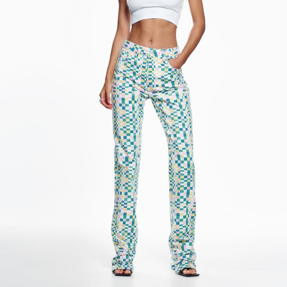 Zara Check Printed Straight Leg Jeans